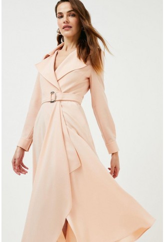 Polished Wool Blend Drape Belted Shirt Dress