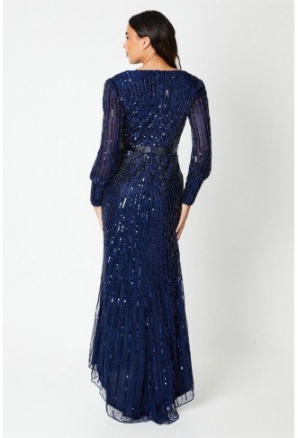 Sequin Cross Front Gown With Blouson Sleeve