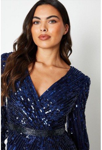 Sequin Cross Front Gown With Blouson Sleeve