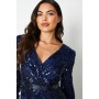 Sequin Cross Front Gown With Blouson Sleeve