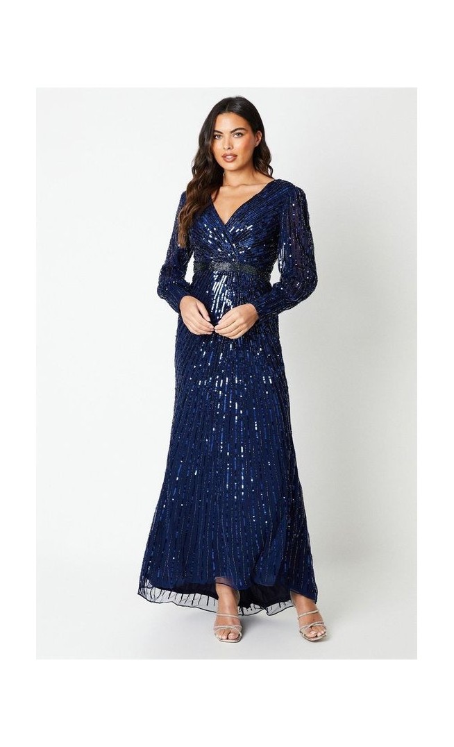 Sequin Cross Front Gown With Blouson Sleeve