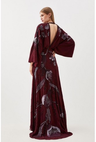 Plunge Embellished Woven Kimono Sleeve Maxi Dress