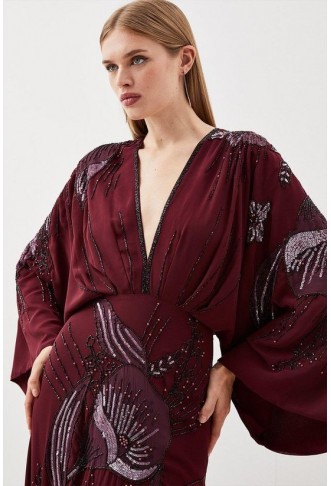 Plunge Embellished Woven Kimono Sleeve Maxi Dress