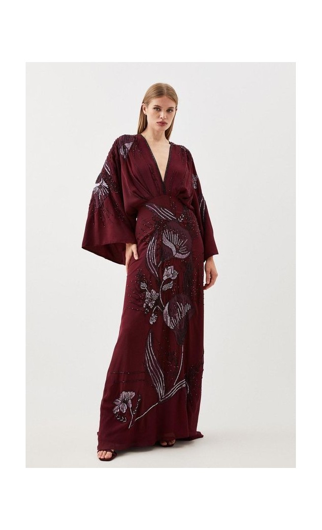 Plunge Embellished Woven Kimono Sleeve Maxi Dress