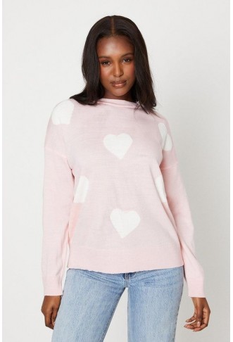 Crew Neck All Over Heart Print Knitted Jumper