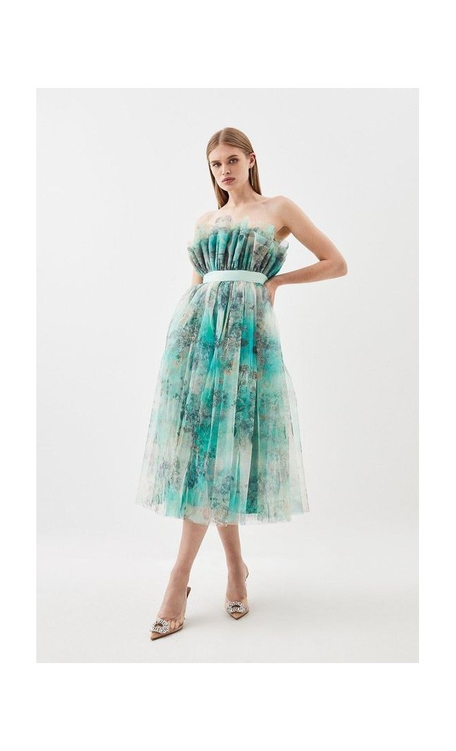 Floral Corseted Tulle Midi Dress