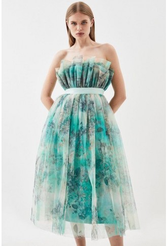 Floral Corseted Tulle Midi Dress