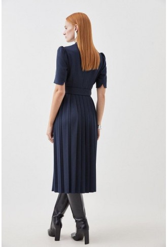 Tailored Structured Crepe Forever Pleat Belted Midi Dress