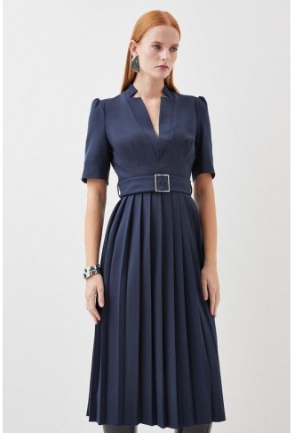 Tailored Structured Crepe Forever Pleat Belted Midi Dress