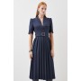 Tailored Structured Crepe Forever Pleat Belted Midi Dress