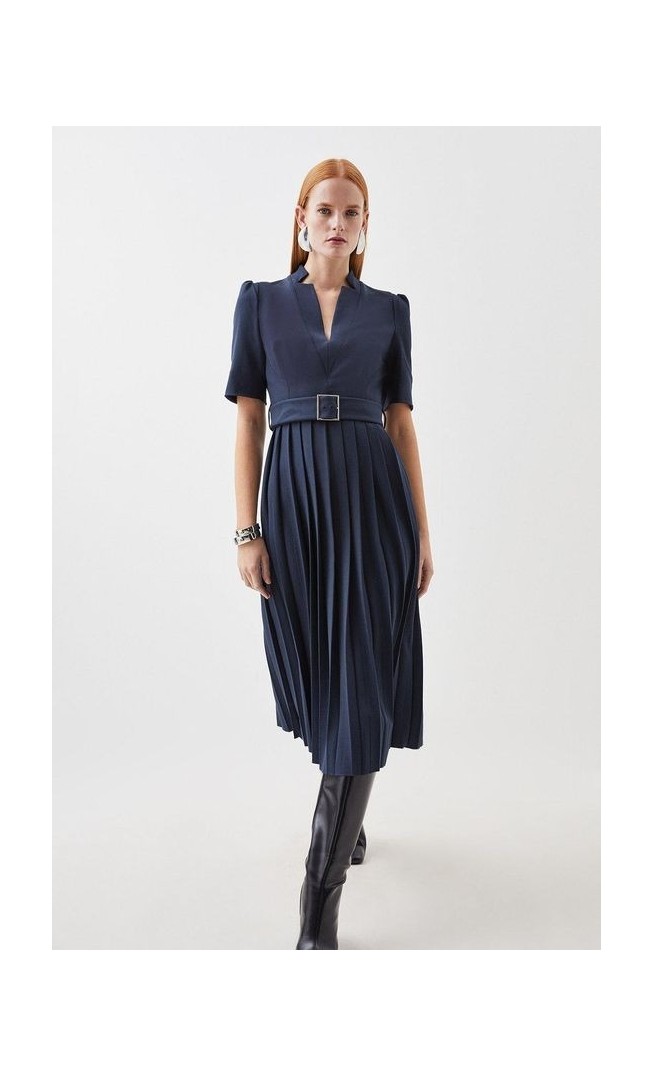 Tailored Structured Crepe Forever Pleat Belted Midi Dress