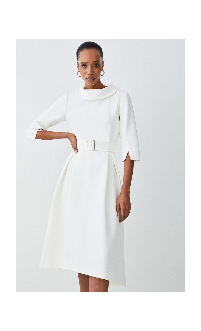 Tall Structured Crepe Roll Neck Dip Hem Midi Dress