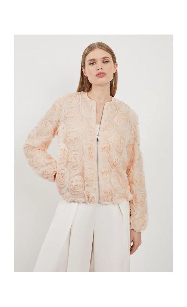 CRINKLE ROSETTE WOVEN BOMBER JACKET