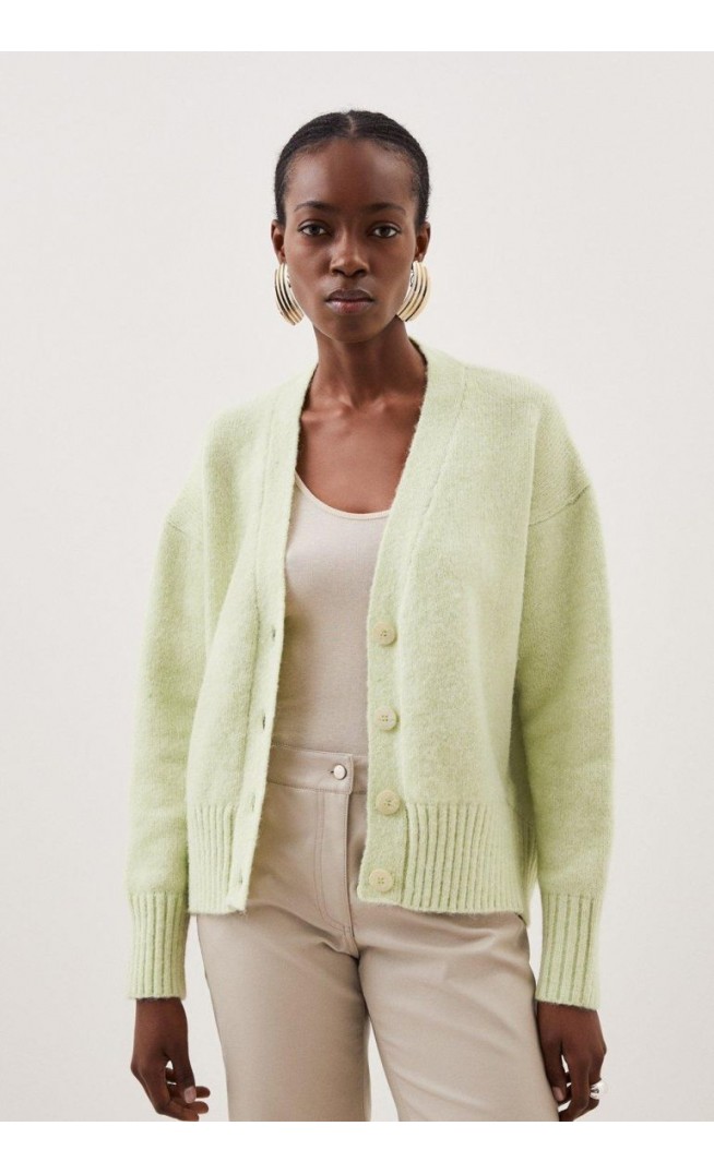 Wool Blend Mohair Look Step Hem Knit Cardi