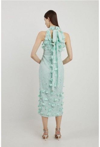 Sage Lace Petal Applique Halter Woven Maxi Dress