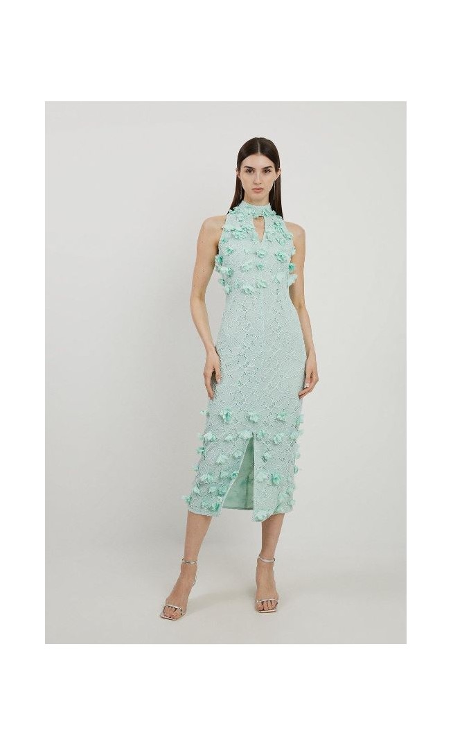 Sage Lace Petal Applique Halter Woven Maxi Dress