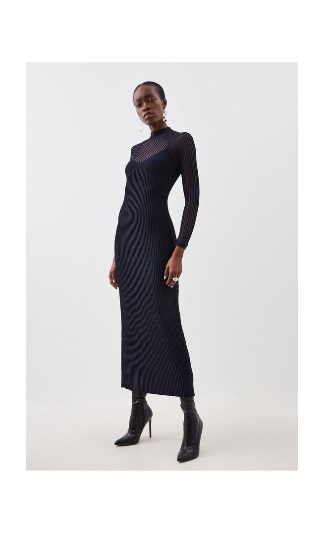 Viscose Blend Sheer Knit Column Midaxi Dress