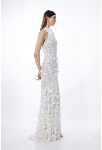 Floral Applique Crystal Embellished Woven Maxi Rosette Maxi Dress