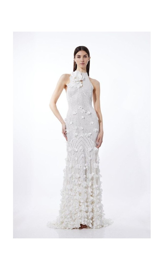 Floral Applique Crystal Embellished Woven Maxi Rosette Maxi Dress