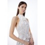 Floral Applique Crystal Embellished Woven Maxi Rosette Maxi Dress