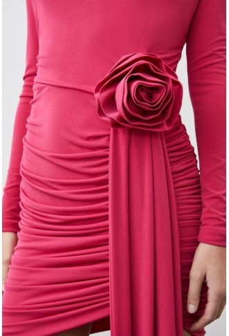 Long Sleeve Drapey Ruched Jersey Rosette Mini Dress