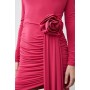 Long Sleeve Drapey Ruched Jersey Rosette Mini Dress