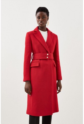 Italian Wool Mix Button Detail Belted Midi Coat