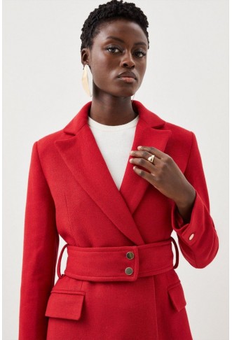 Italian Wool Mix Button Detail Belted Midi Coat