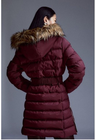 Heat Seal Puffer Belted Faux Fur Hood Jacket