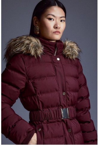 Heat Seal Puffer Belted Faux Fur Hood Jacket