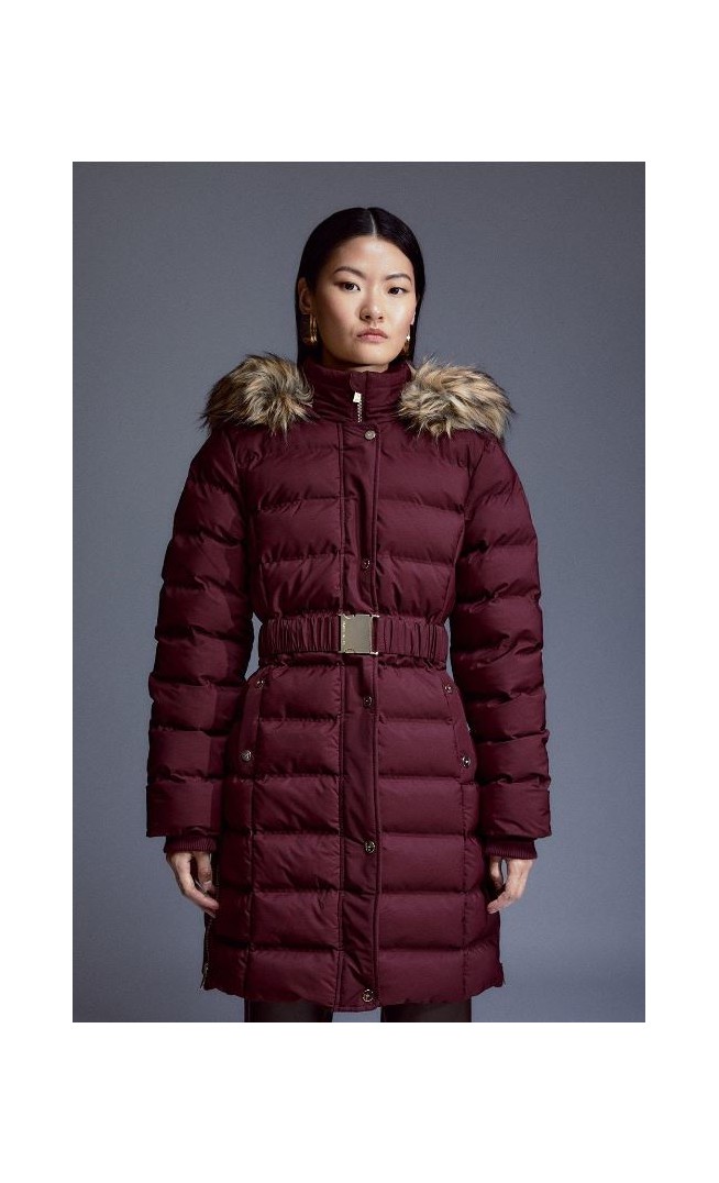 Heat Seal Puffer Belted Faux Fur Hood Jacket