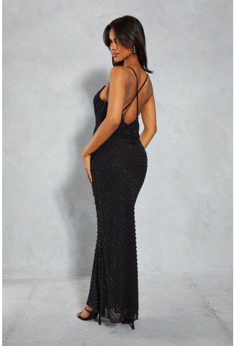 Premium Embellished Draped Cowl Maxi Slip Dress