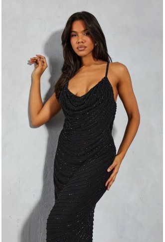 Premium Embellished Draped Cowl Maxi Slip Dress