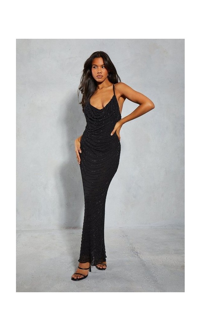 Premium Embellished Draped Cowl Maxi Slip Dress