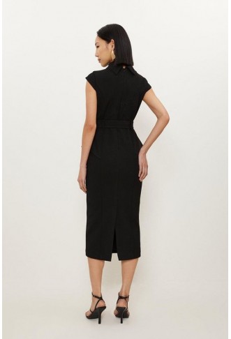 Structured Crepe Roll Neck Peplum Belted Midi Dress