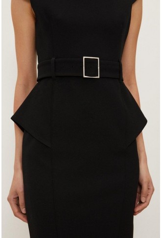 Structured Crepe Roll Neck Peplum Belted Midi Dress