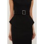 Structured Crepe Roll Neck Peplum Belted Midi Dress