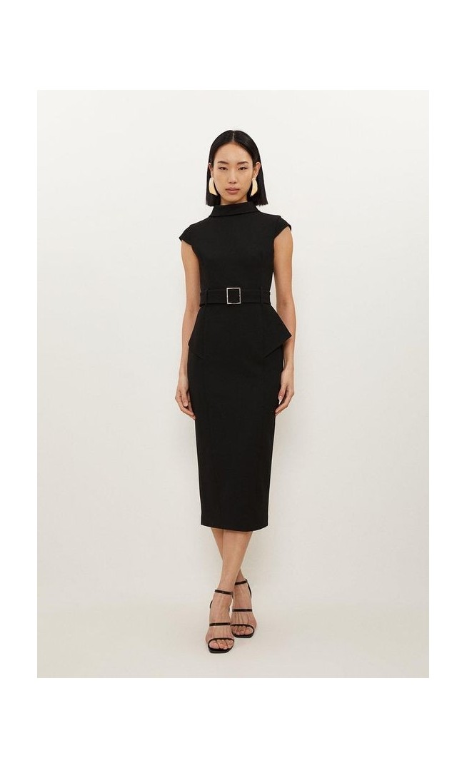 Structured Crepe Roll Neck Peplum Belted Midi Dress