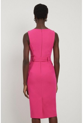 Compact Stretch Belted Tailored Midi Pencil Dress