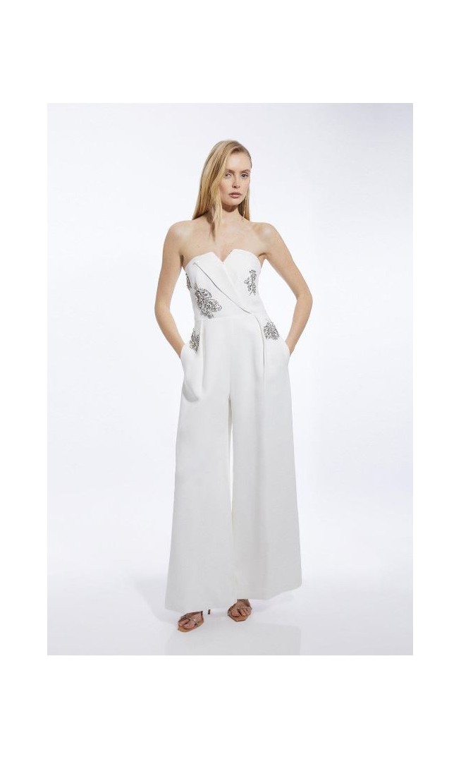 Petite Crystal Embellished Bandeau Tailored Wide Leg Jumpsuit