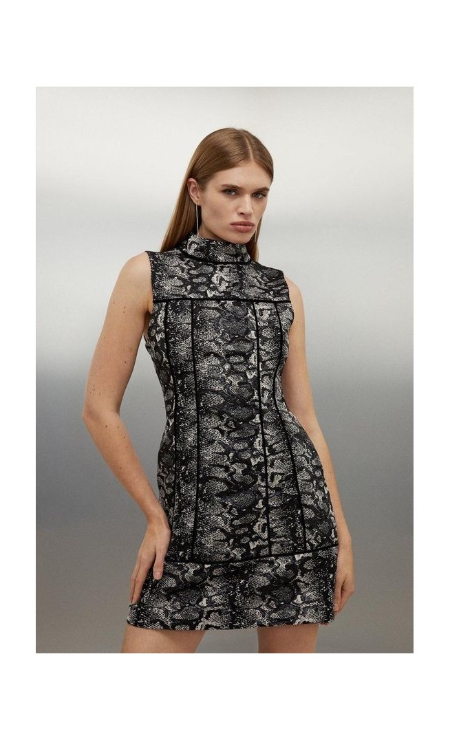 Tailored Print Detail High Neck Sleeveless Mini Dress