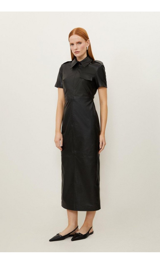 Leather Collared Short Sleeve Midaxi Pencil Dress