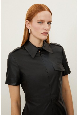 Leather Collared Short Sleeve Midaxi Pencil Dress