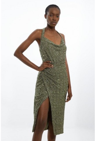 Sequin Halter Cowl Neck...