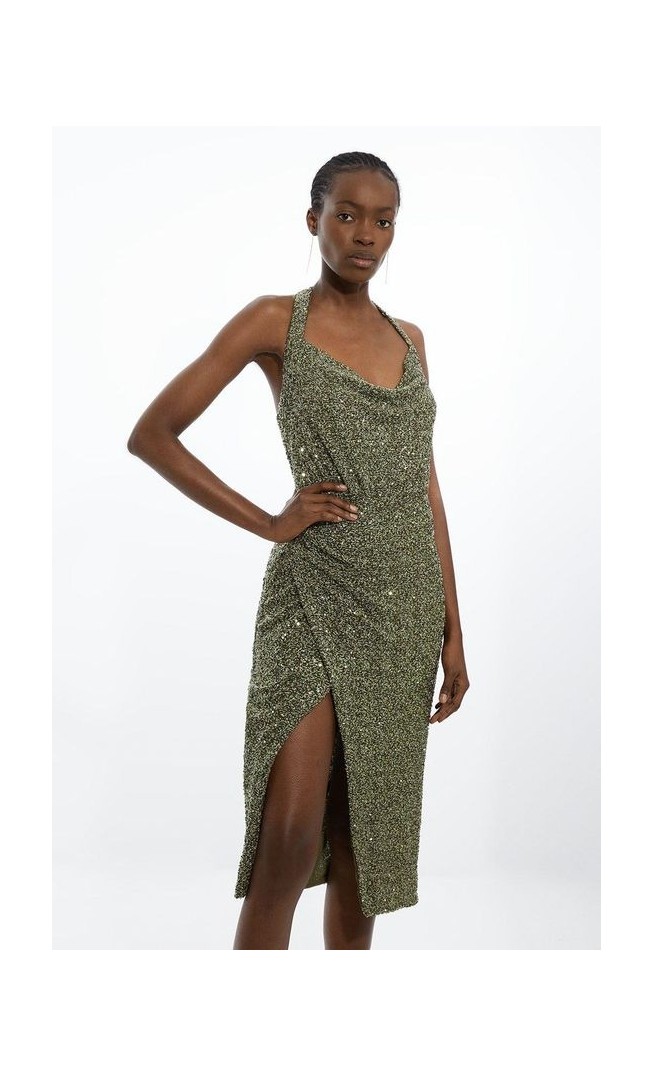 Sequin Halter Cowl Neck Maxi Dress