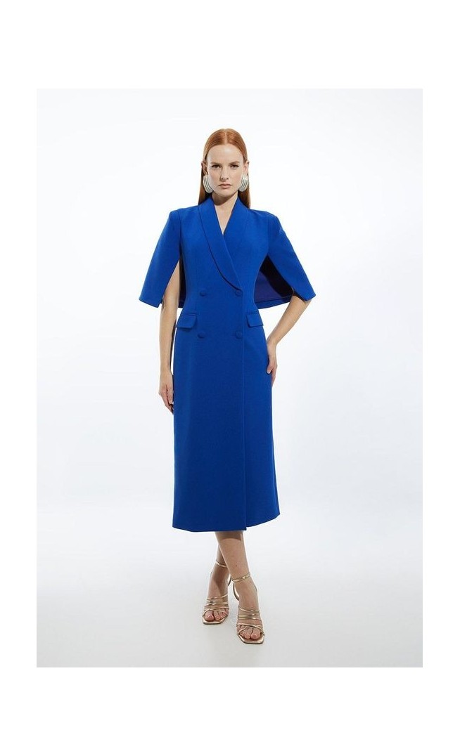 Clean Tailored Tuxedo Cape Sleeve Midi Blazer Dress