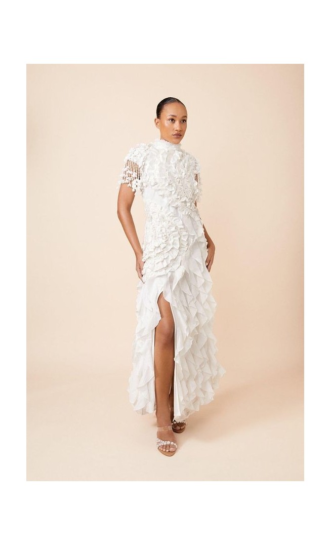 Drama Ruffle Lace Mix Woven Maxi Dress