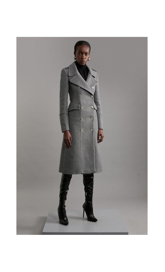 Italian Wool Mix Double Breasted Military Midi Coat