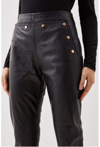 Black Leather Button Detail Trouser