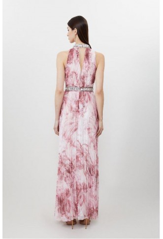 Abstract Floral Crystal Embellished Woven Split Maxi Dress